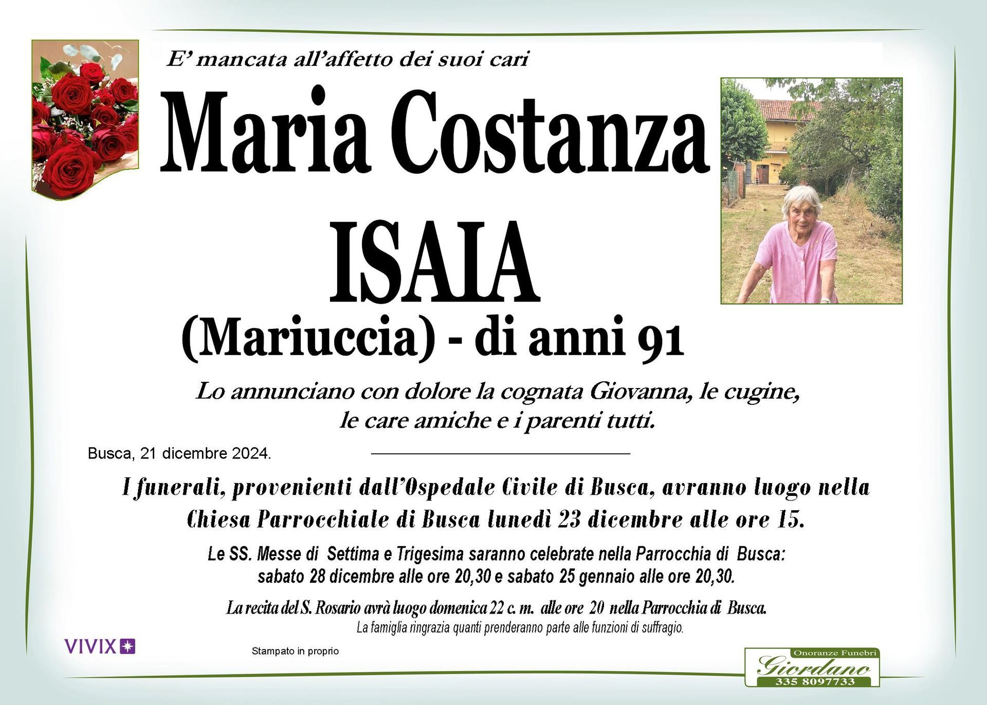 necrologio ISAIA Maria Costanza