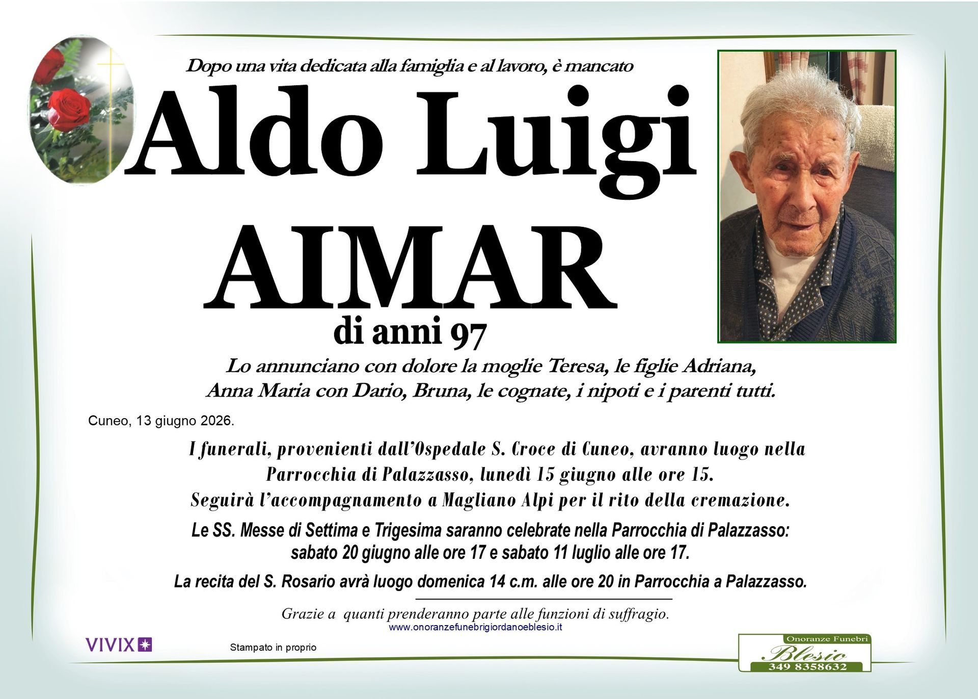 necrologio AIMAR Aldo Luigi