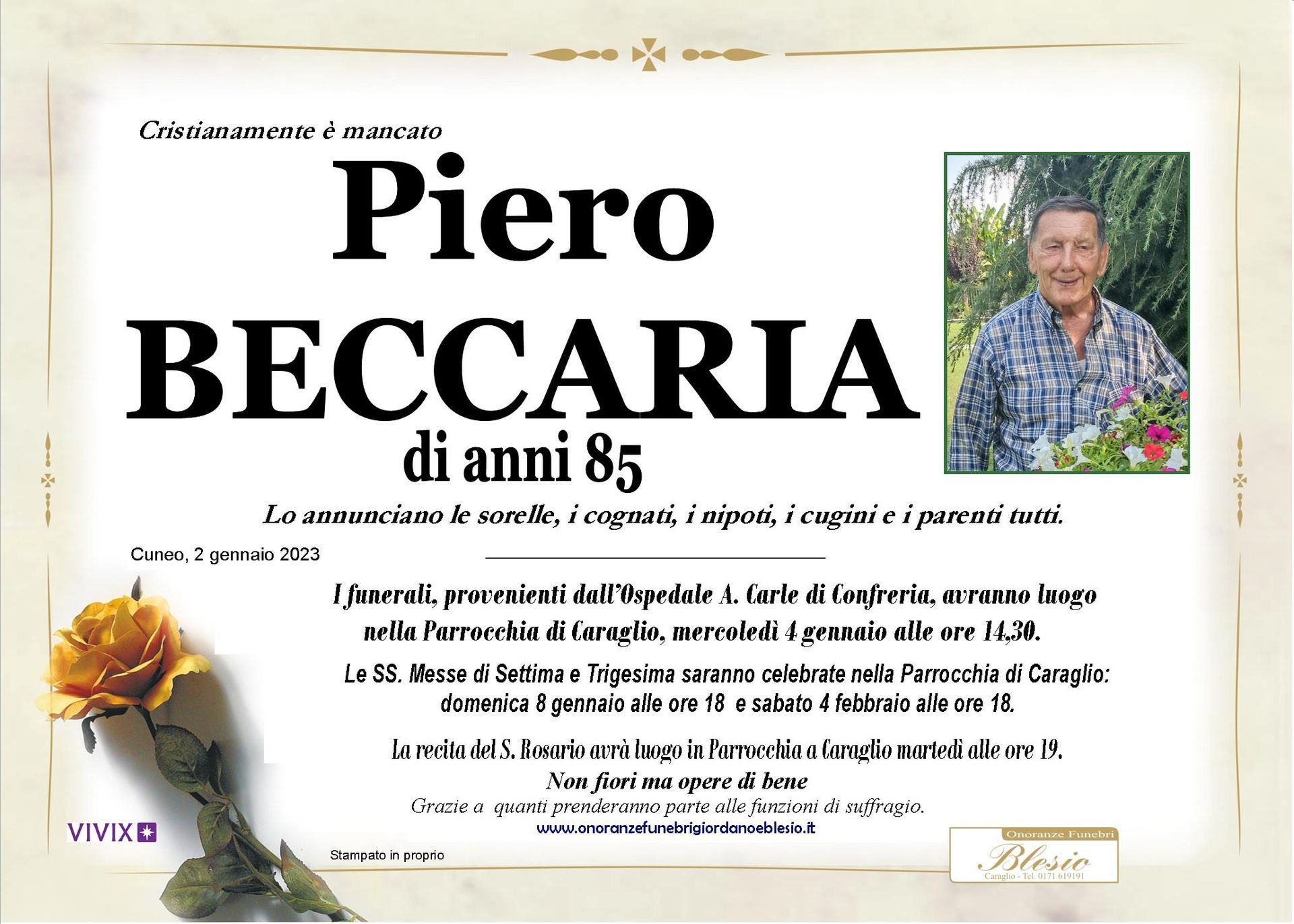 necrologio BECCARIA Piero