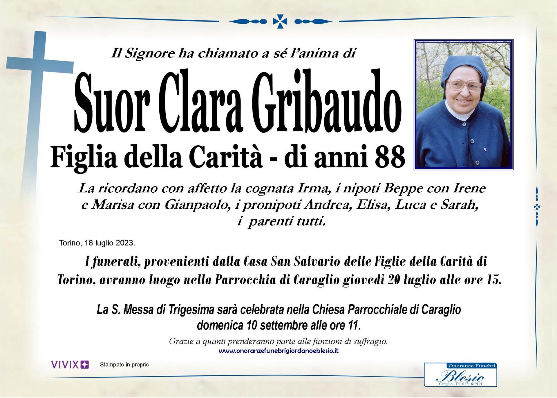 necrologio GRIBAUDO Suor Clara