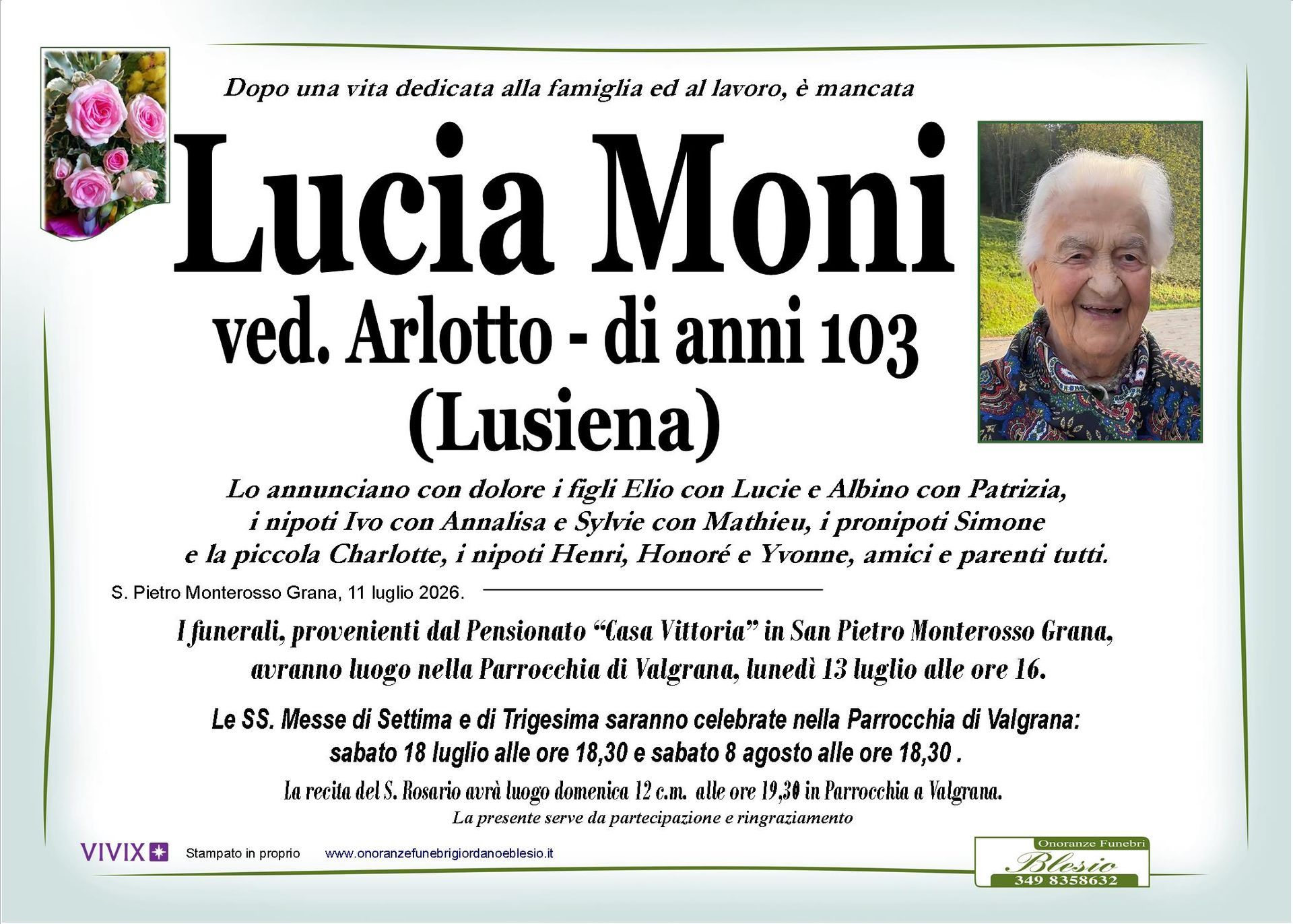 necrologio MONI Lucia ved. Arlotto