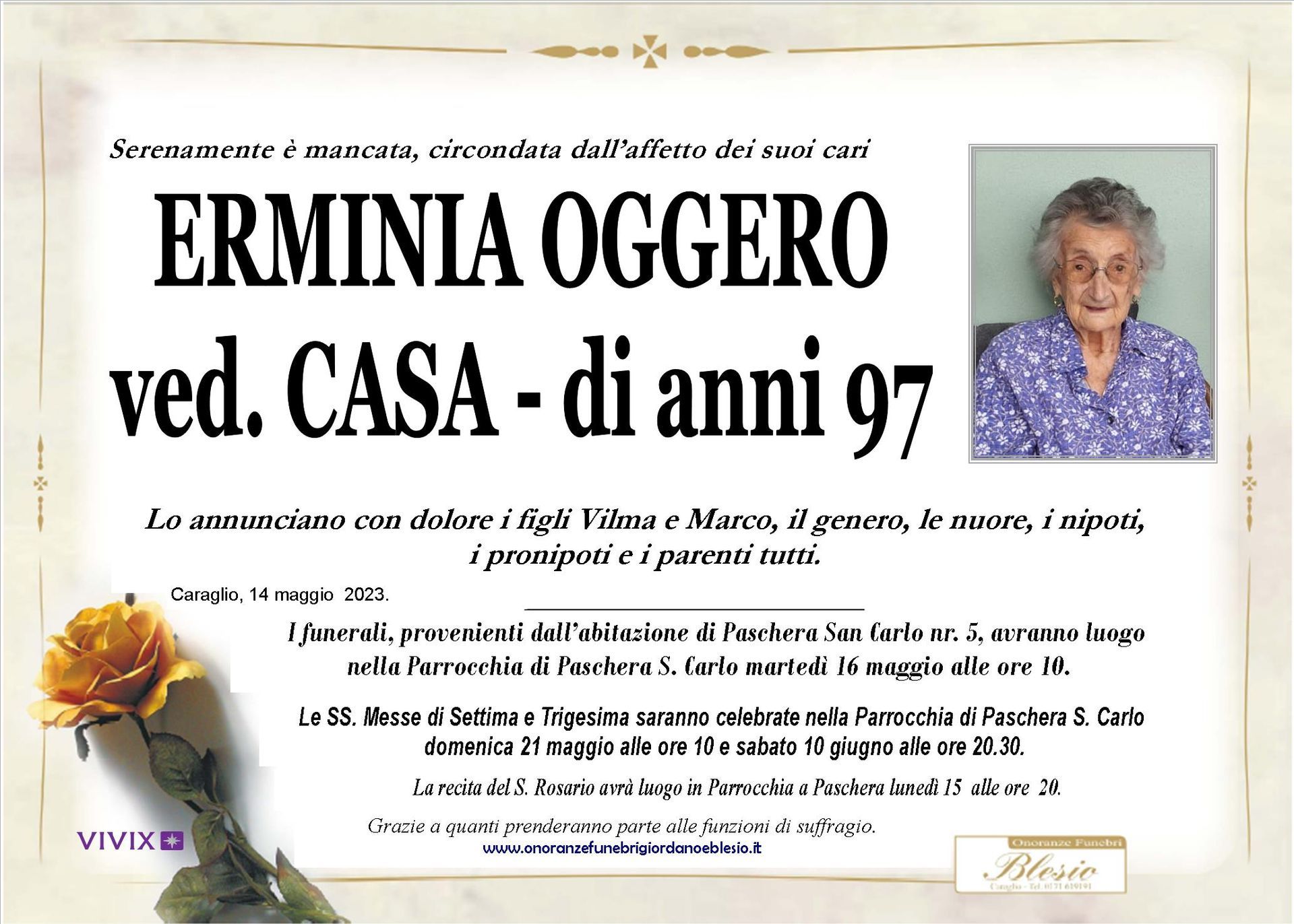 necrologio OGGERO Erminia ved. Casa