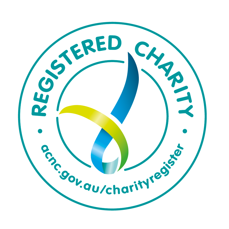 Registered Charity seal with blue, green, and yellow ribbon graphic. Text: