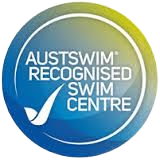 Austswim Recognized Swim Centre logo in blue and yellow circle, with a checkmark.
