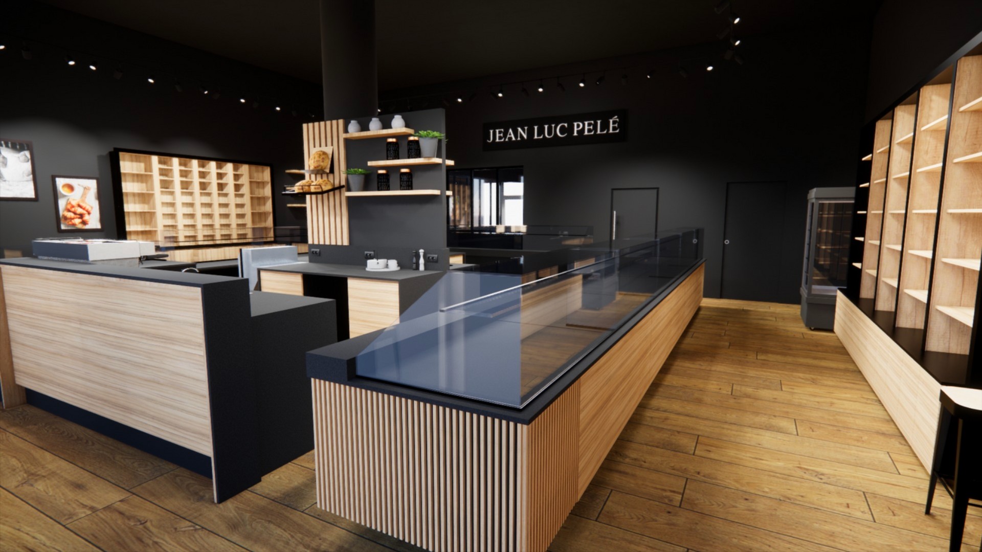 Intérieur d'une boulangerie moderne avec comptoirs en bois, murs noirs et étagères présentant du pain.