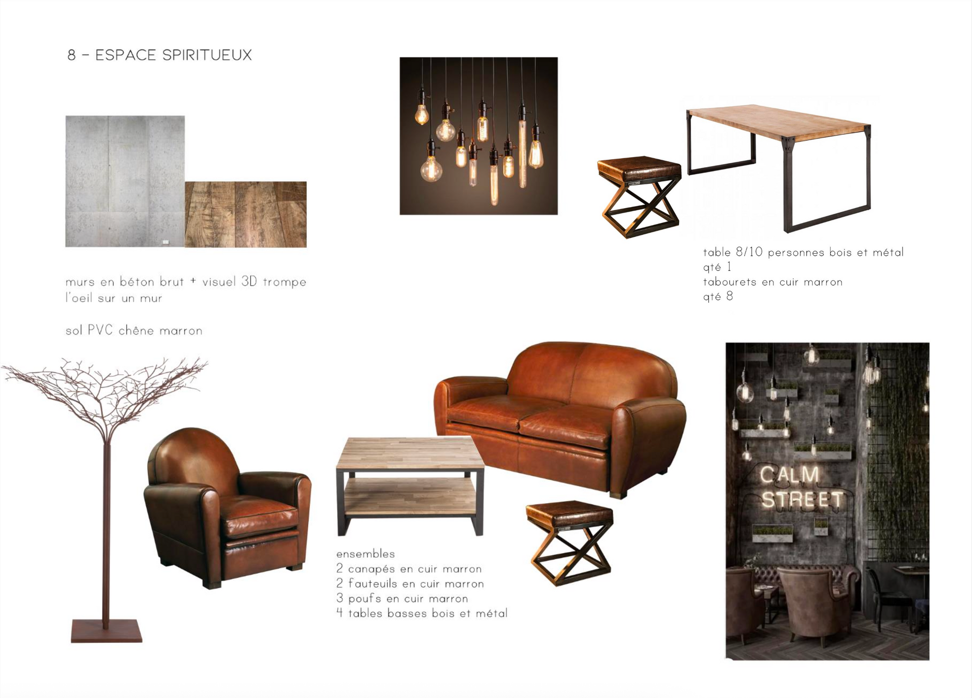 Mood board avec du bois, des meubles en cuir et un éclairage industriel dans un cadre rustique.