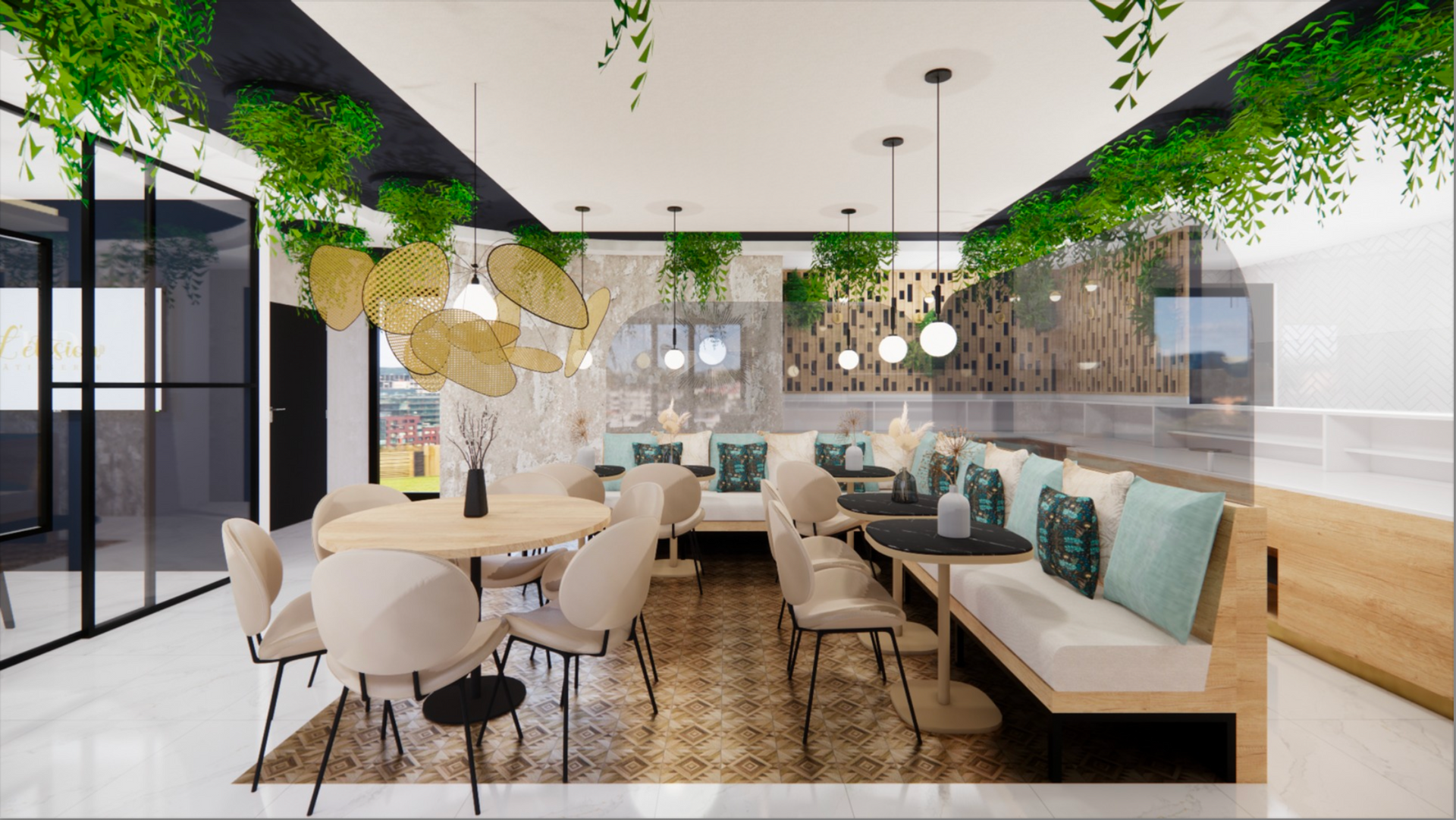 Intérieur de restaurant avec plantes suspendues, tables rondes, sièges en cabine, couleurs claires et mur de verre.