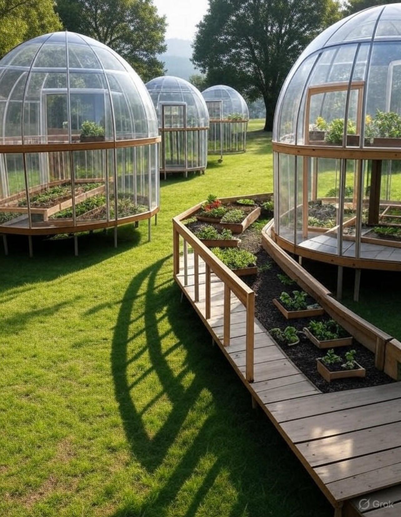 Plusieurs dômes de serre transparents sur des plates-formes en bois dans un jardin avec des passerelles en bois.
