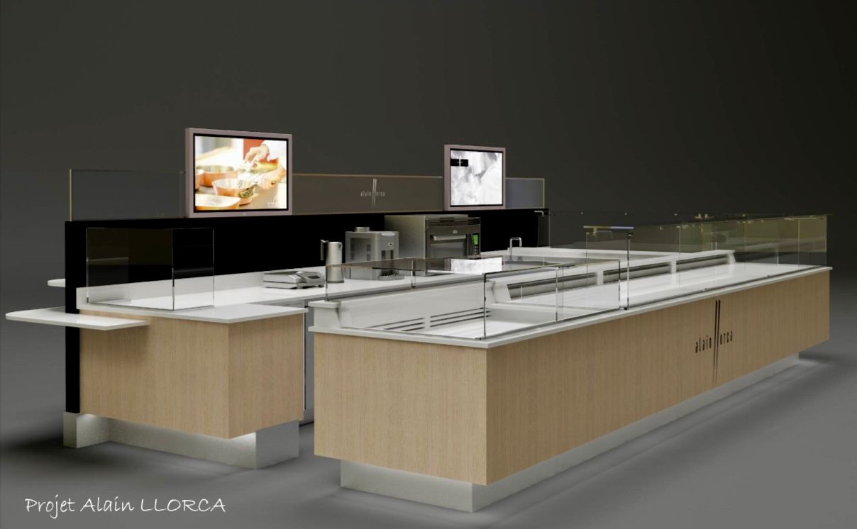 Vitrine de boulangerie avec base en bois clair, plateaux en verre et tableaux de menu numériques.