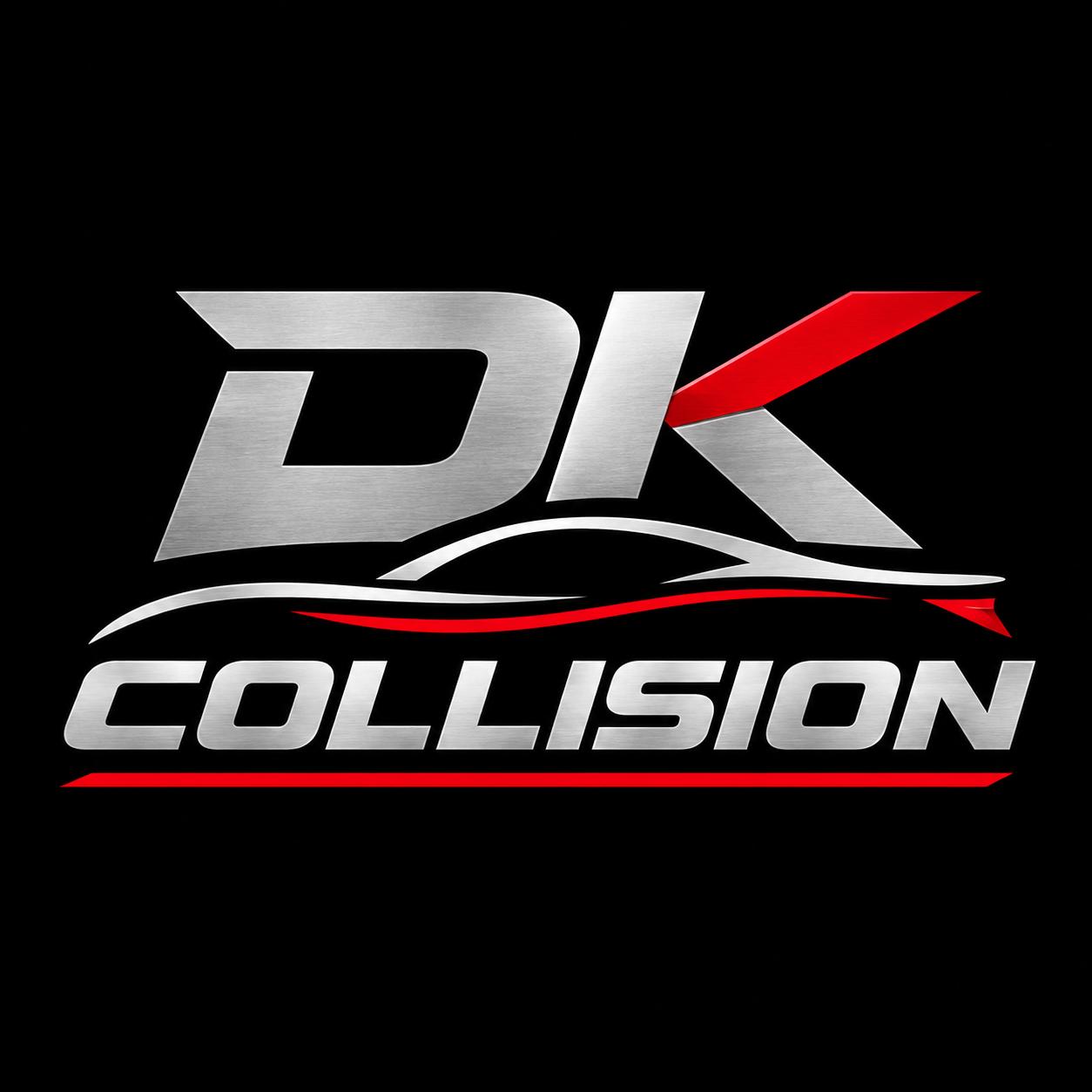 DK Collision logo in silver and red on a black background