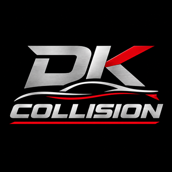 DK Collision logo in silver and red on a black background