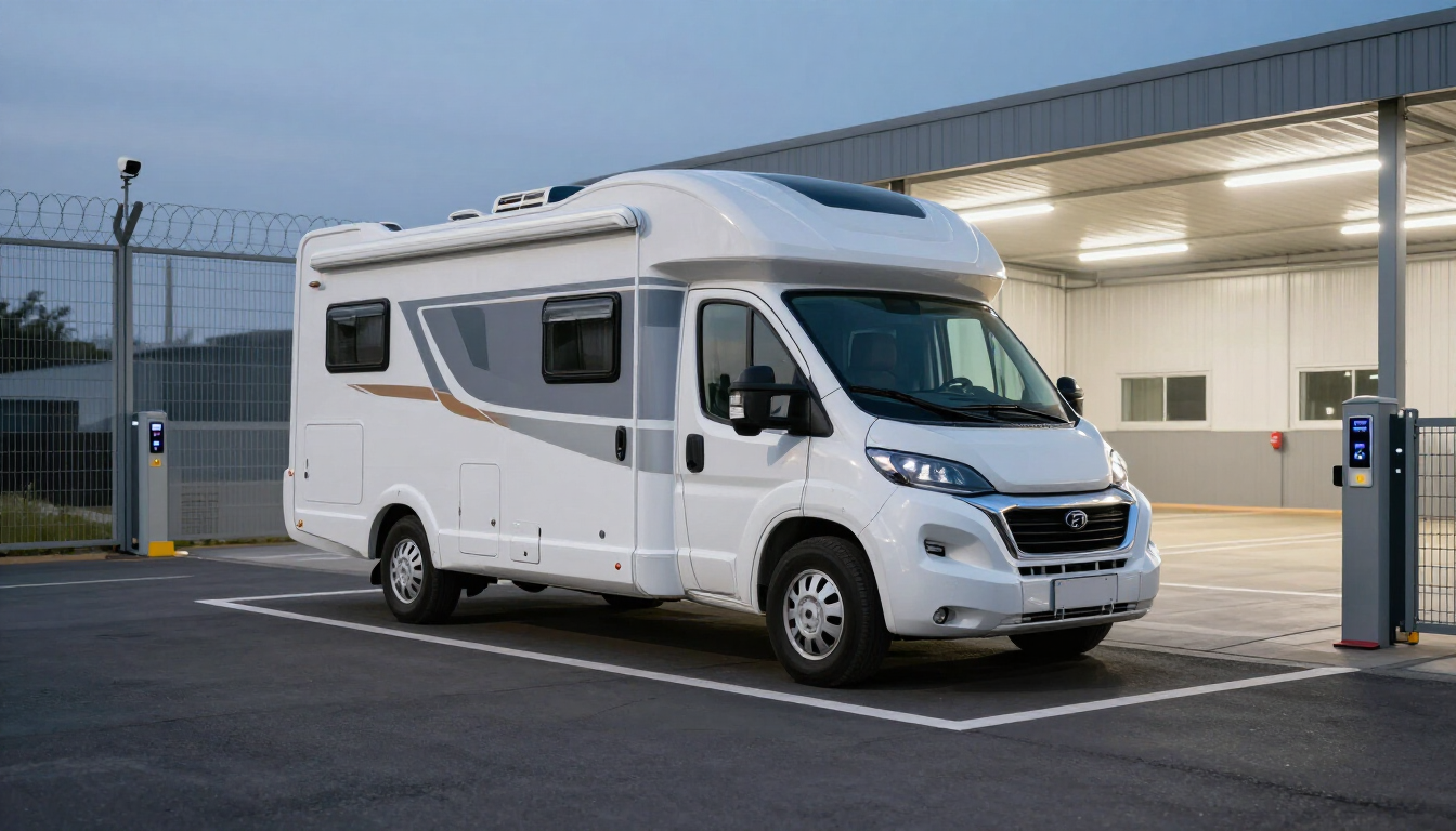 Motorhome entering a secure storage facility