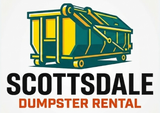Scottsdale Dumpster Rental logo featuring a teal and yellow roll-off waste container illustration.