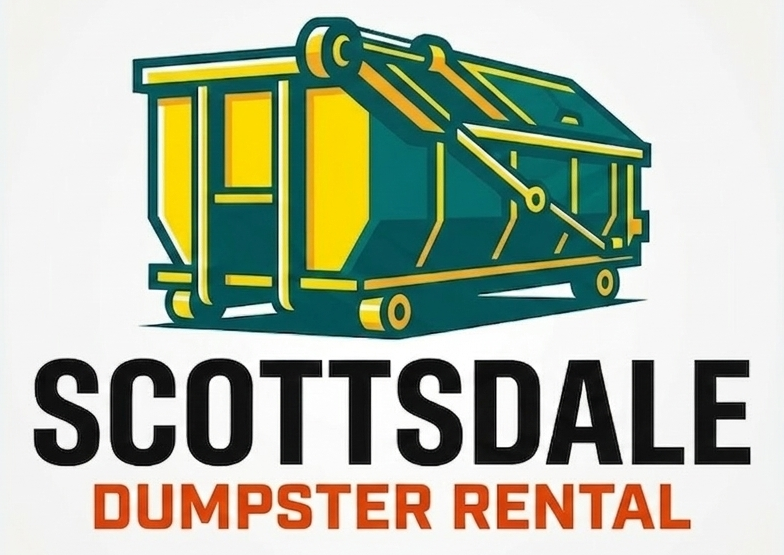 Scottsdale Dumpster Rental logo featuring a teal and yellow roll-off waste container illustration.