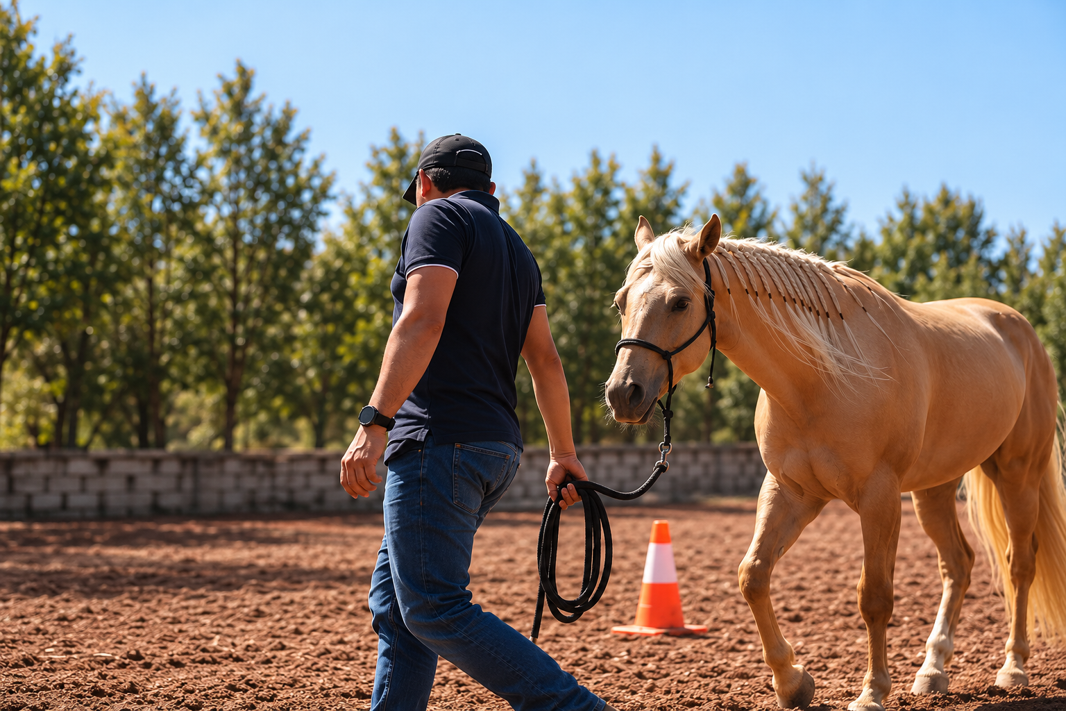Un hombre lleva un caballo color canela por una pista de entrenamiento de tierra, cerca de un cono naranja, con árboles al fondo