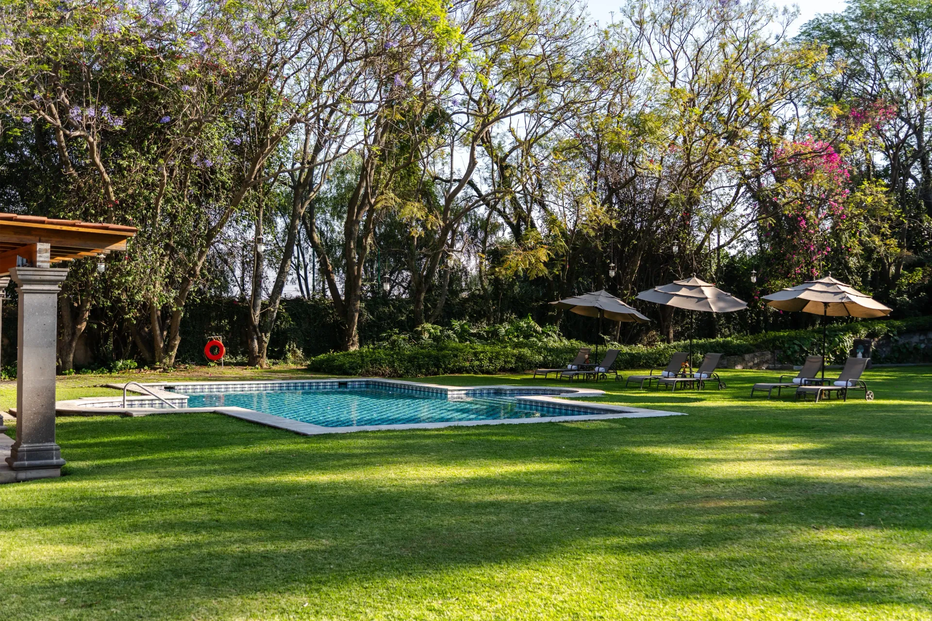 Jardín soleado con una pequeña piscina azul, césped verde y sombrillas bajo los árboles