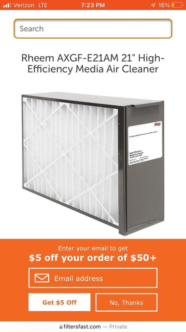 Rheem air cleaner on a website, with an orange promotional offer for $5 off.