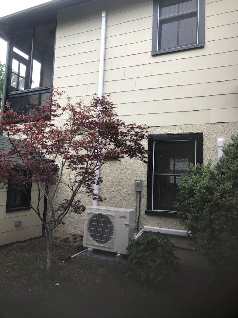 Exterior of a house with an air conditioning unit and small tree. Light beige siding with black-framed windows.