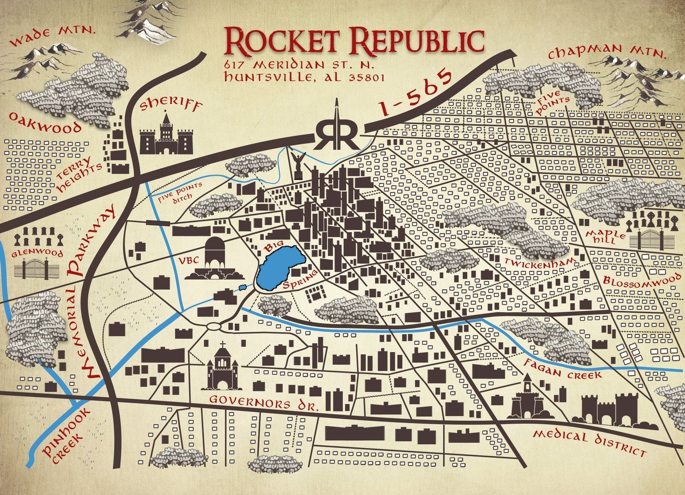 Illustrated map of Huntsville in a fantasy style for Rocket Republic