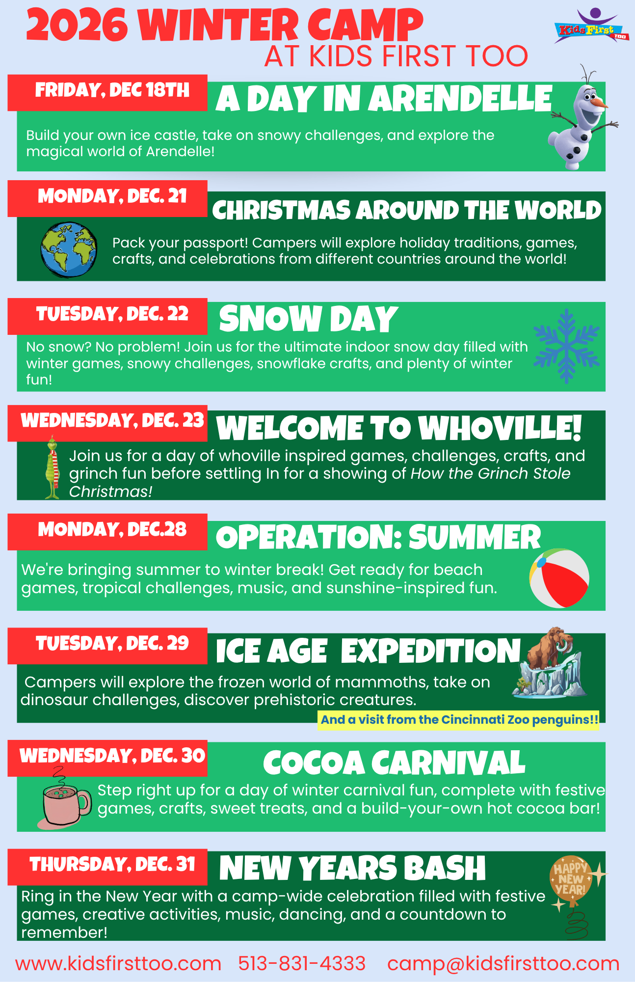 2026 Winter Camp schedule poster with colorful weekly themed activities and dates