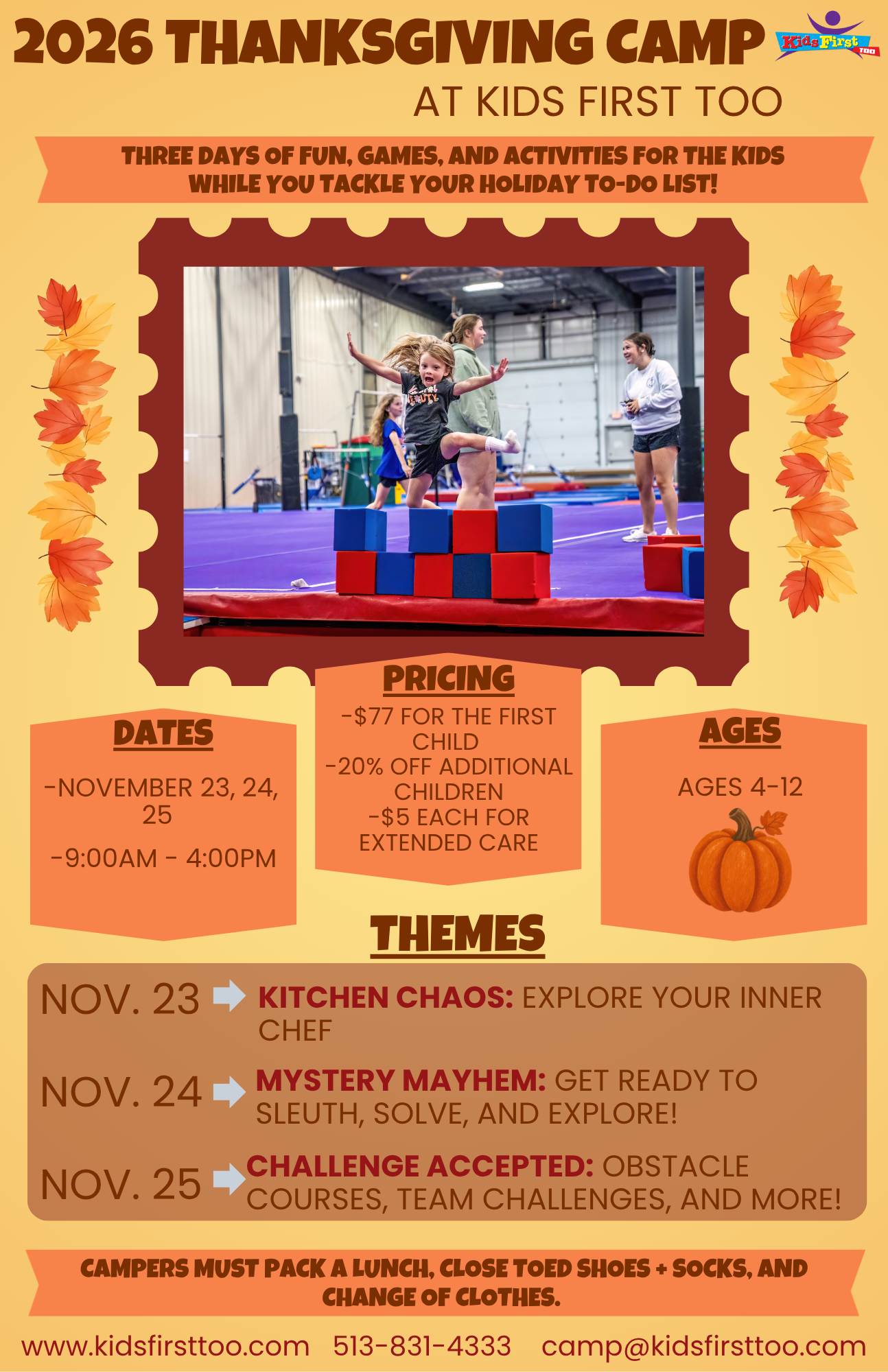 Thanksgiving camp flyer with a child on stage, orange autumn leaves, dates, pricing, and theme details