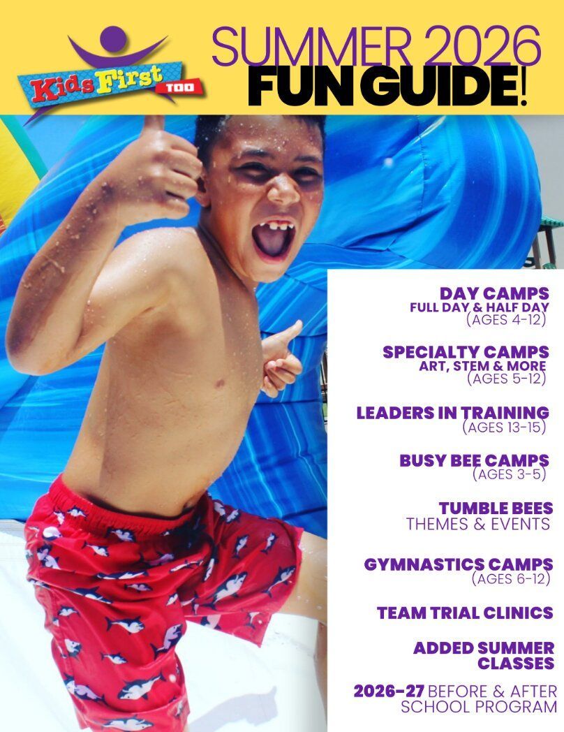 Click to open Boy having fun in a pool. Summer camp guide cover. Text includes camp types, dates, and