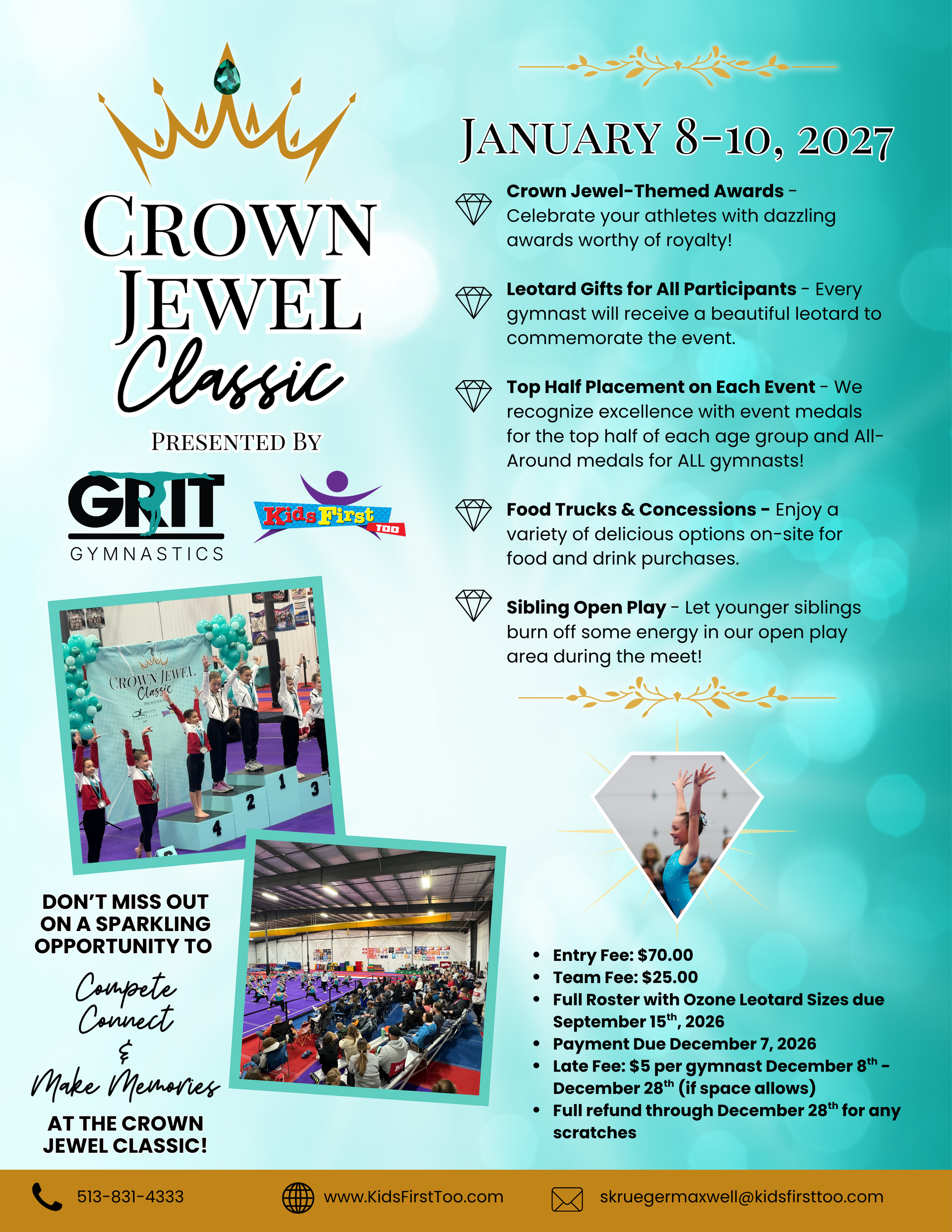 Crown Jewel Classic event flyer with teal background, gold crown, dates, logos, and photos of performers and crowd