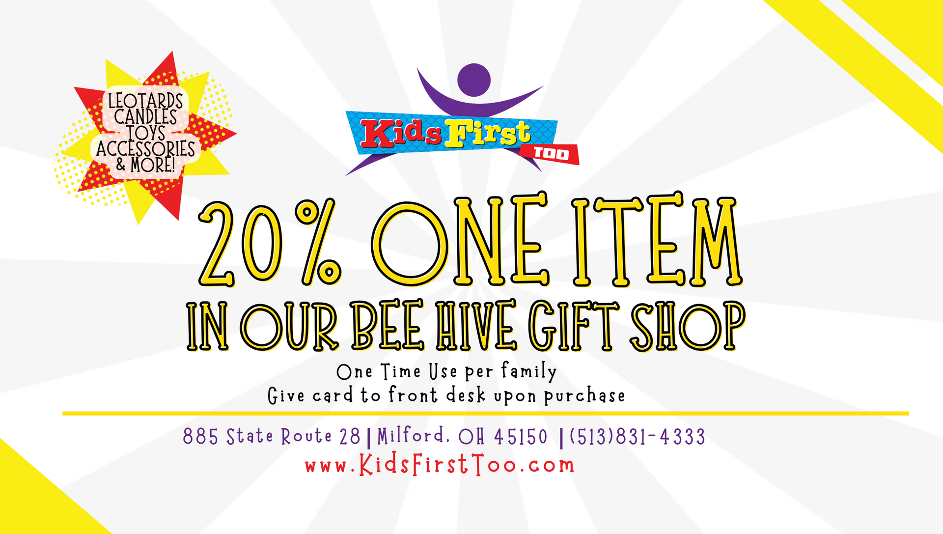 Show this card for a one-time 20% off single item! Show this card for a one-time 20% off single item!