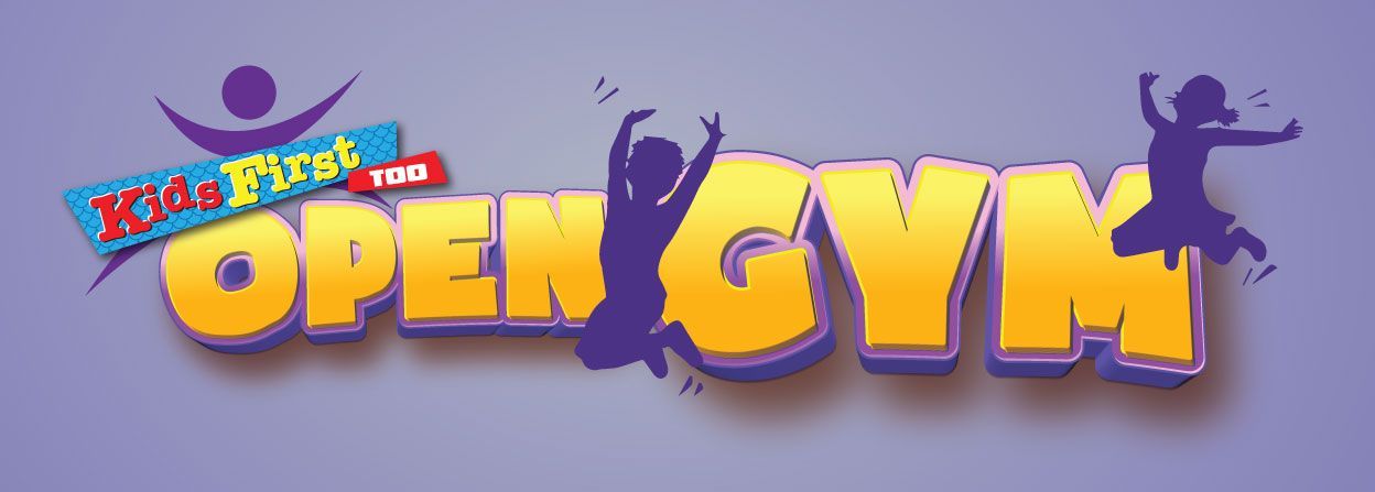 Kids First Open Gym logo with children silhouettes jumping over the word