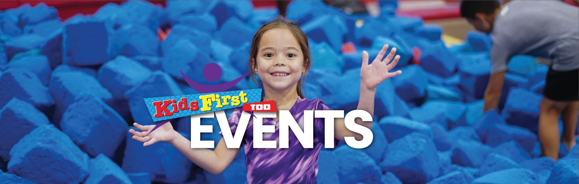 Child in a blue foam pit with “Kids Teens Events” text overlay