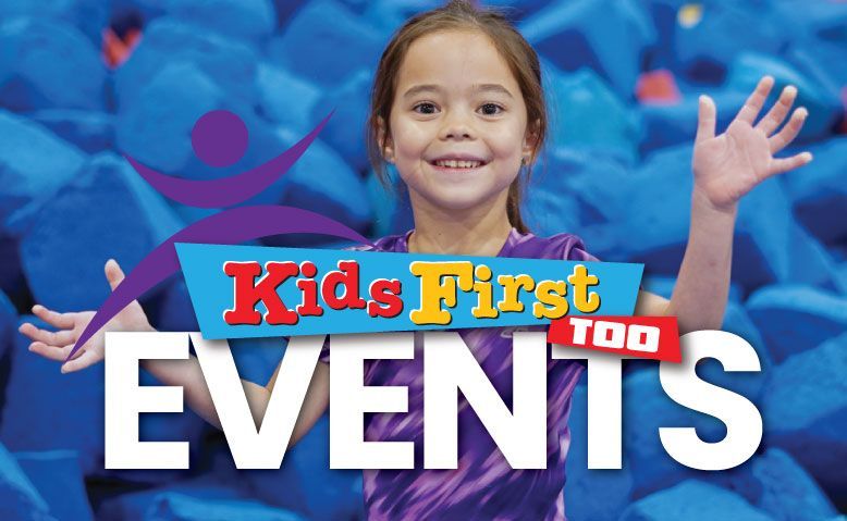 Kids First Too Events logo with smiling child waving on a blue background