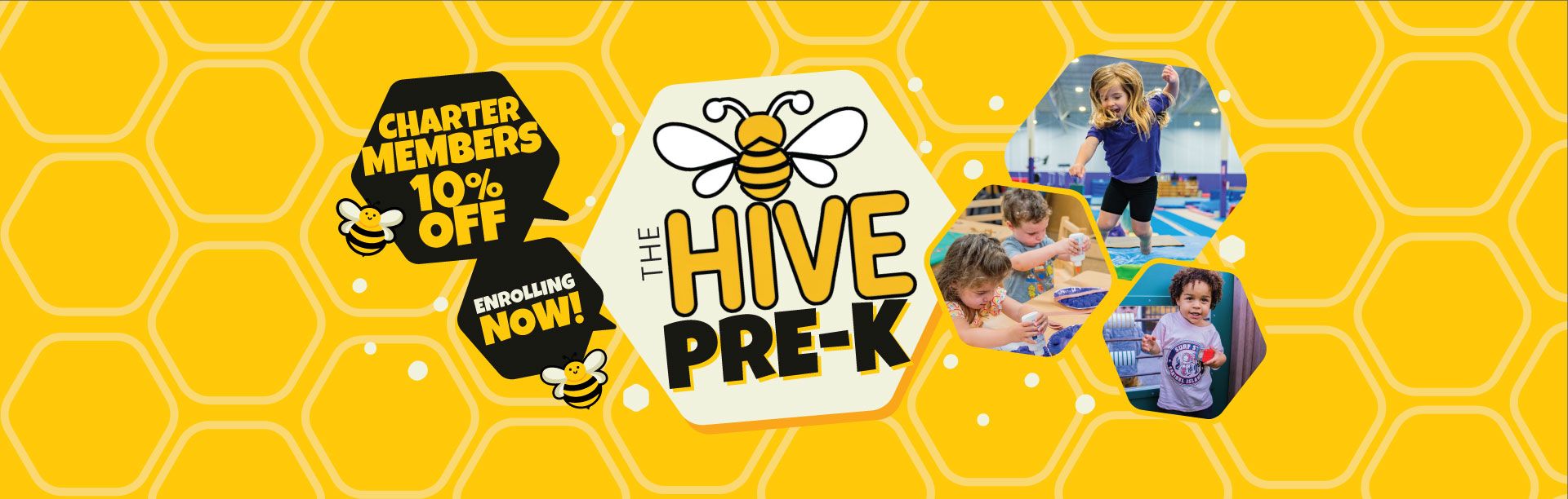 The Hive Pre-K charter school flyer with bee logo, “10% off,” and “Enrolling now!” text