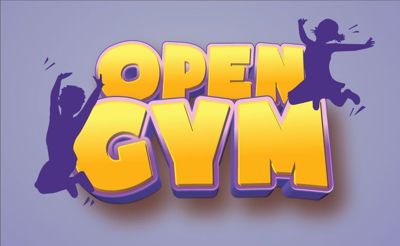 Open Gym sign in bold yellow-purple letters with silhouette figures on a lavender background