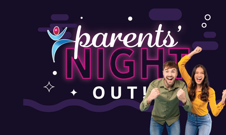 Parents' Night Out banner with purple neon text and two smiling people posing on the right