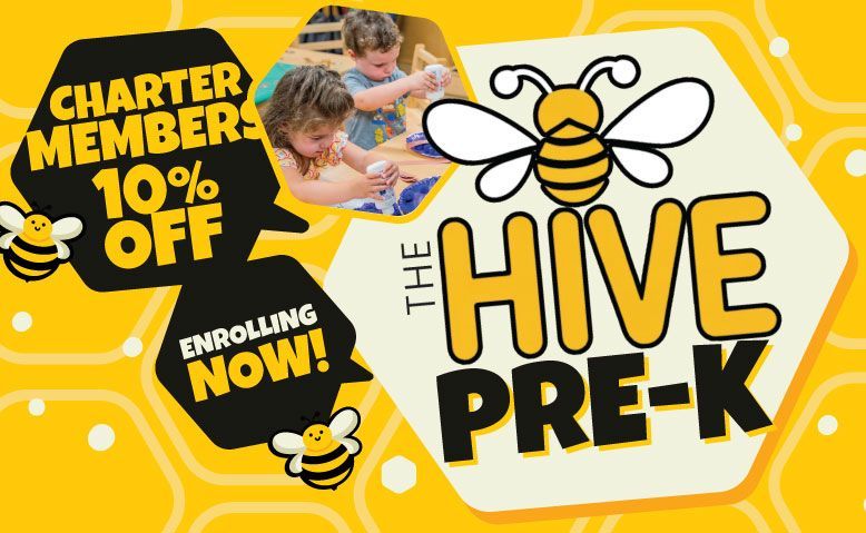 The Hive Pre-K Program Discovery Day flyer in yellow, purple, and green with Saturday July 18 date