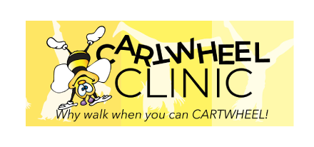 Logo for Cartwheel Clinic, yellow background with bee doing cartwheel. Text 