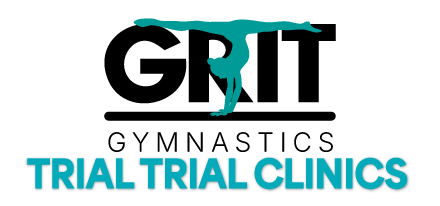 Logo for GRIT Gymnastics, teal gymnast silhouette integrated with black 