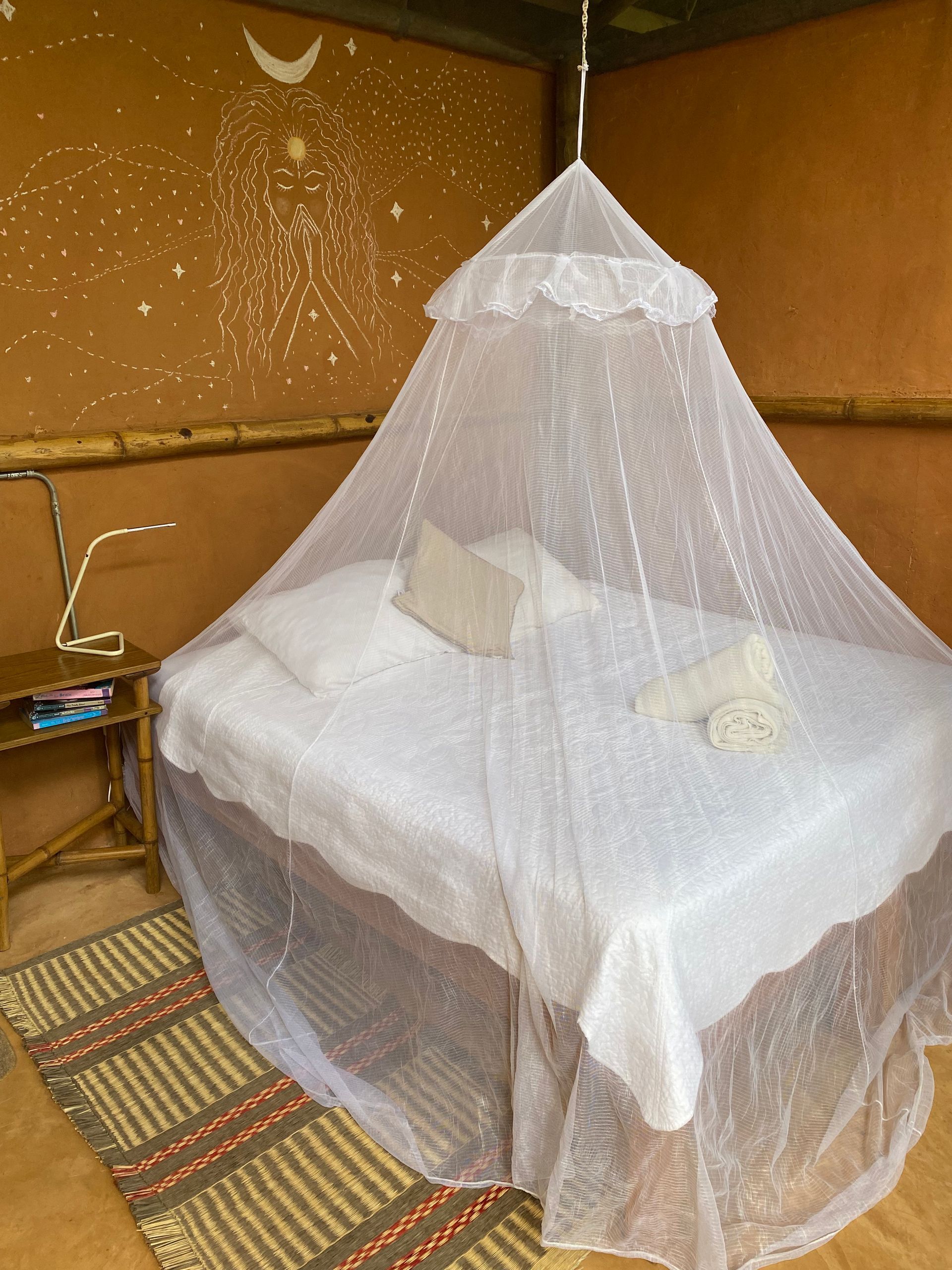 A bed with a mosquito net over it