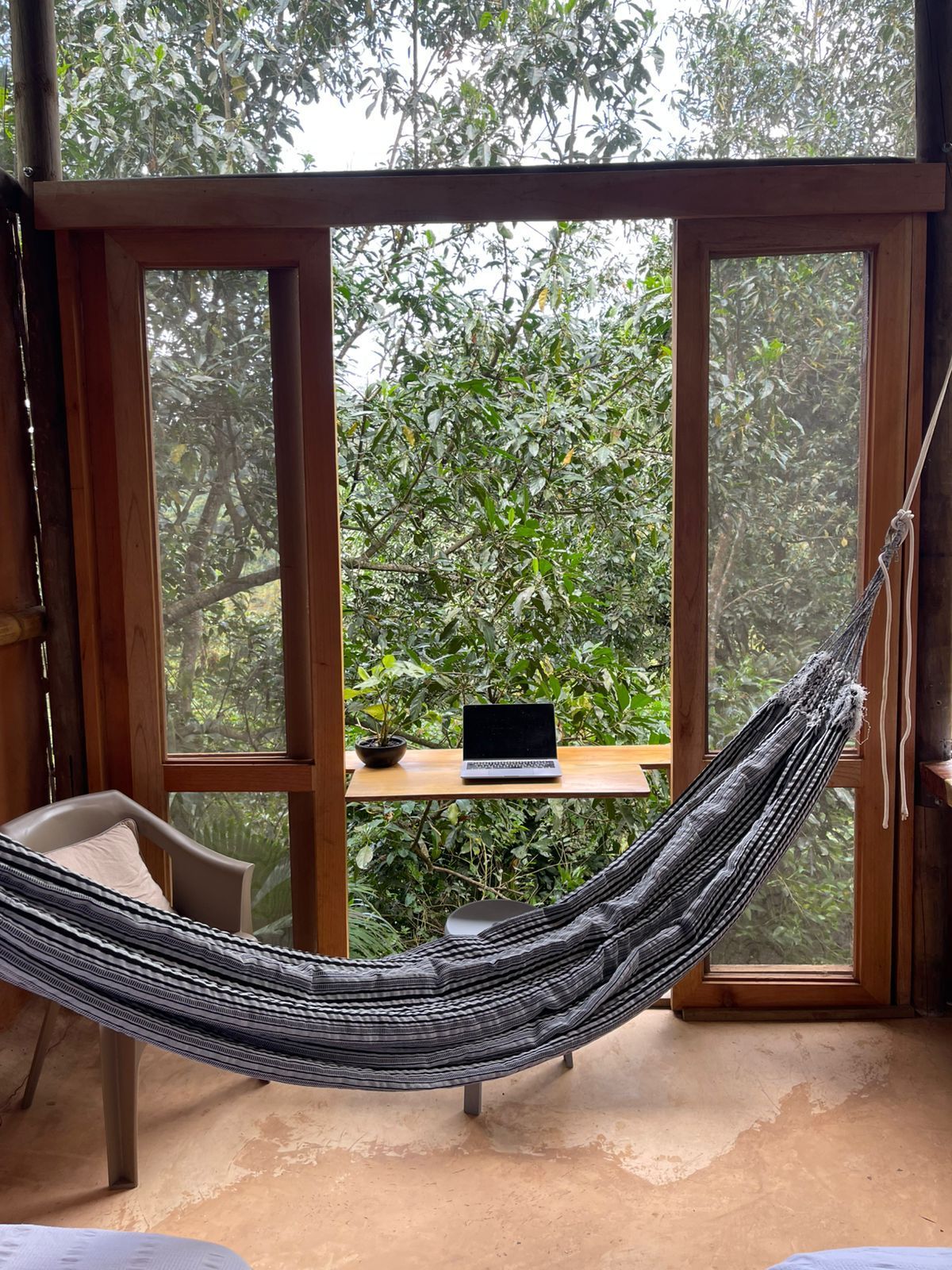 A hammock is hanging from a window next to a desk with a laptop on it.
