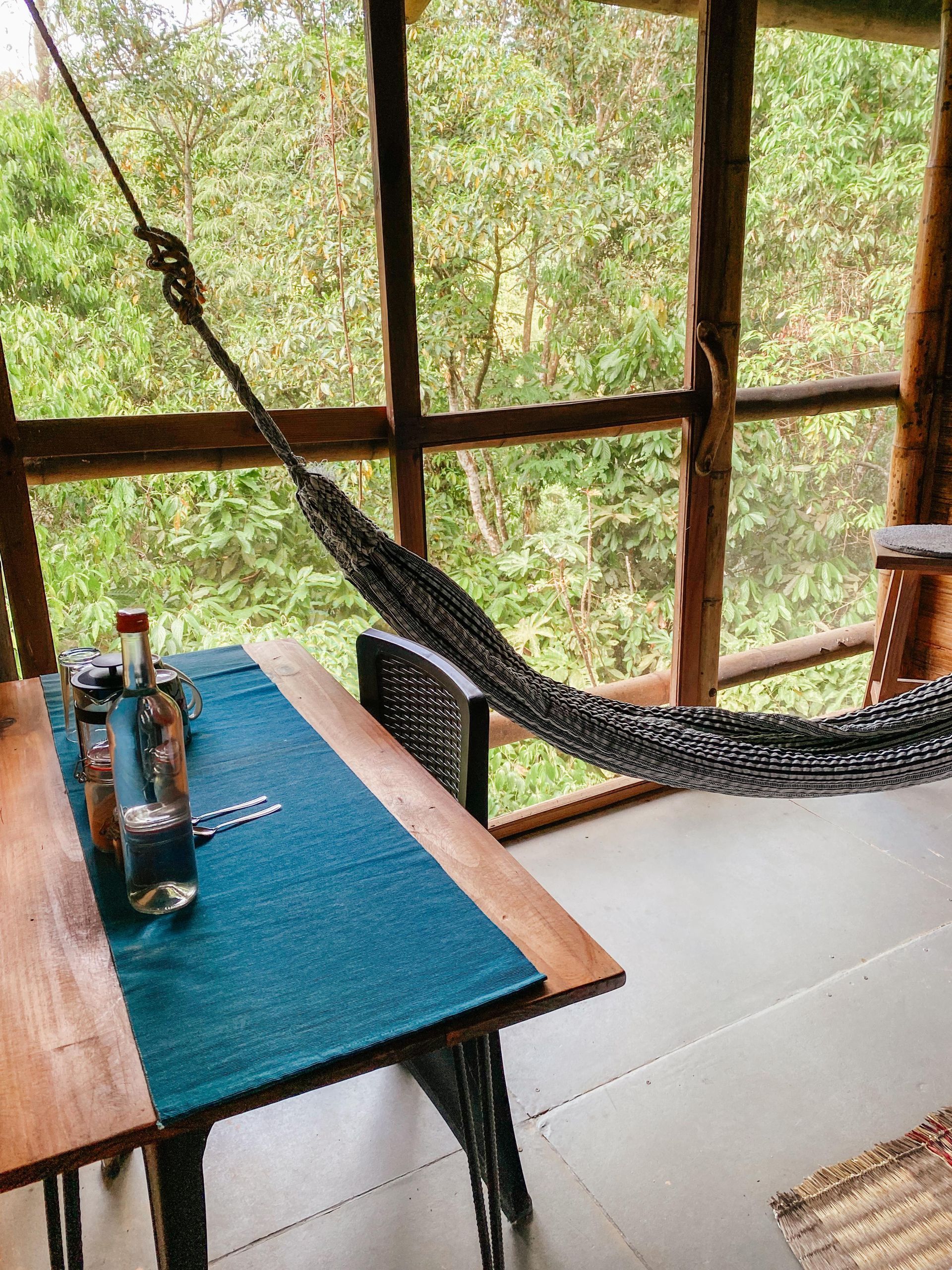 A hammock is hanging over a table in front of a window.