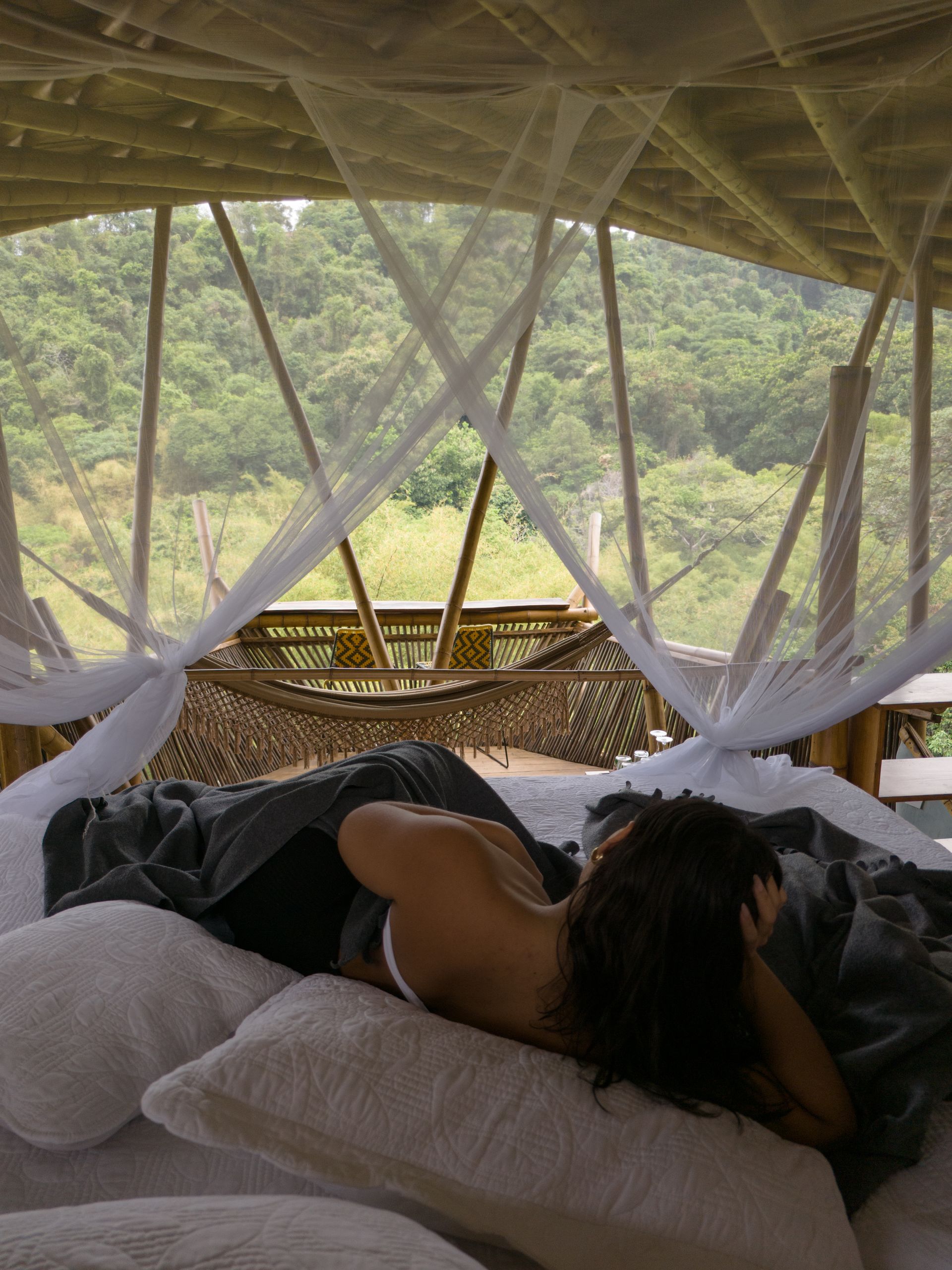 A woman is laying on a bed under a mosquito net.