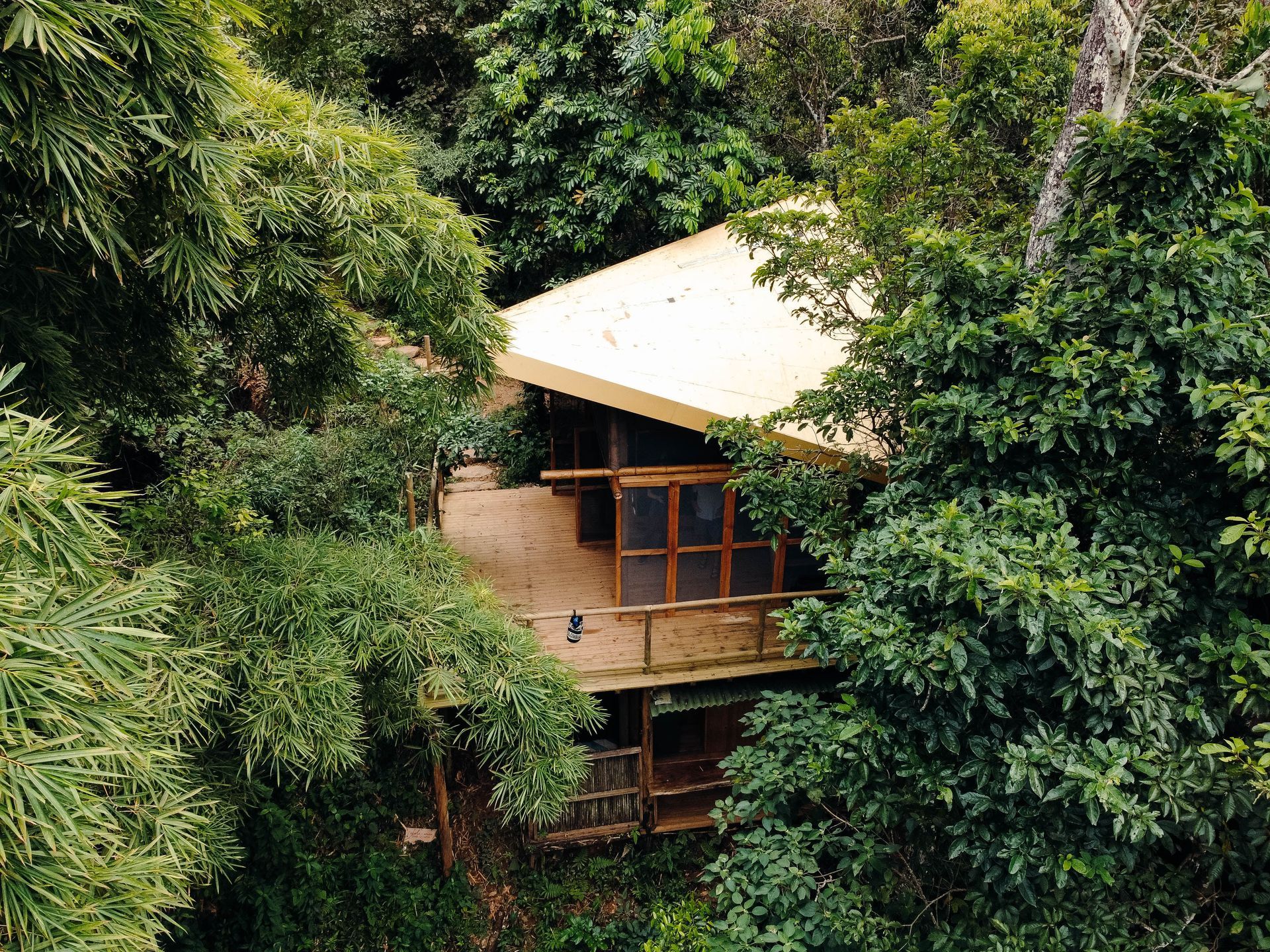 An aerial view of a house in the middle of a forest surrounded by trees.