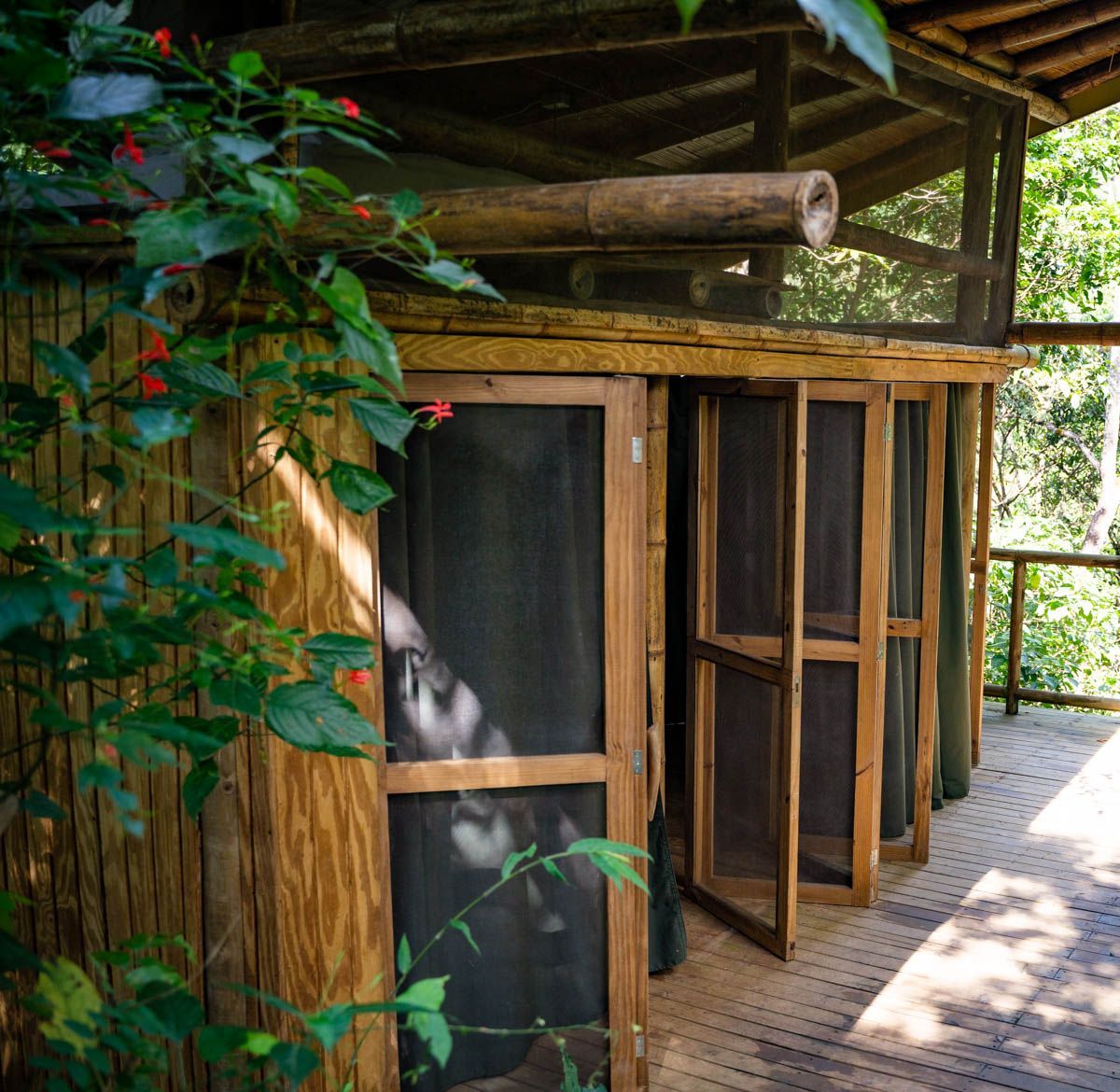 A wooden house with screened in doors and a roof