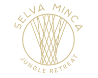 A logo for a jungle retreat with a tree in the middle of a circle.