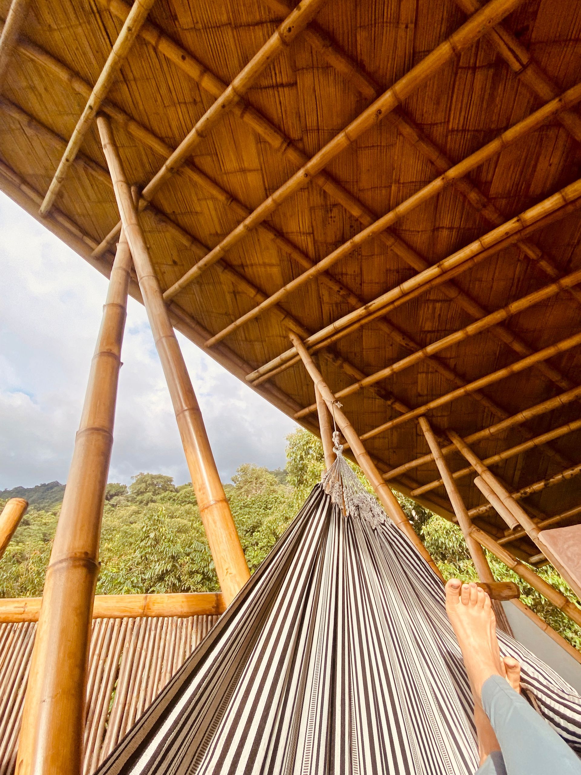 A person is laying in a hammock under a bamboo roof