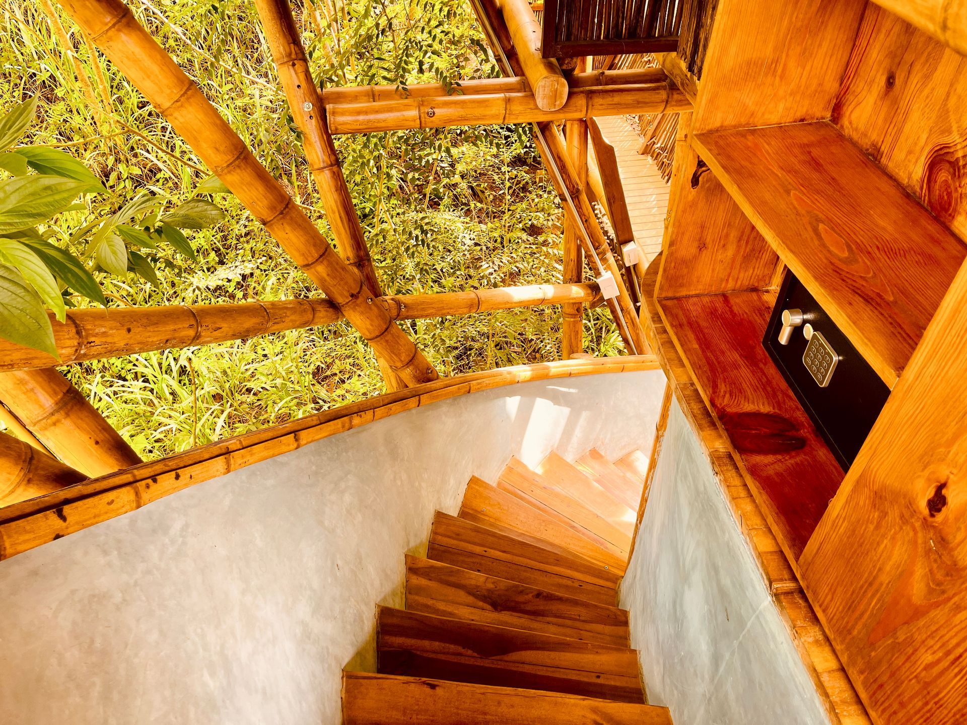 A wooden staircase leading up to a tree house