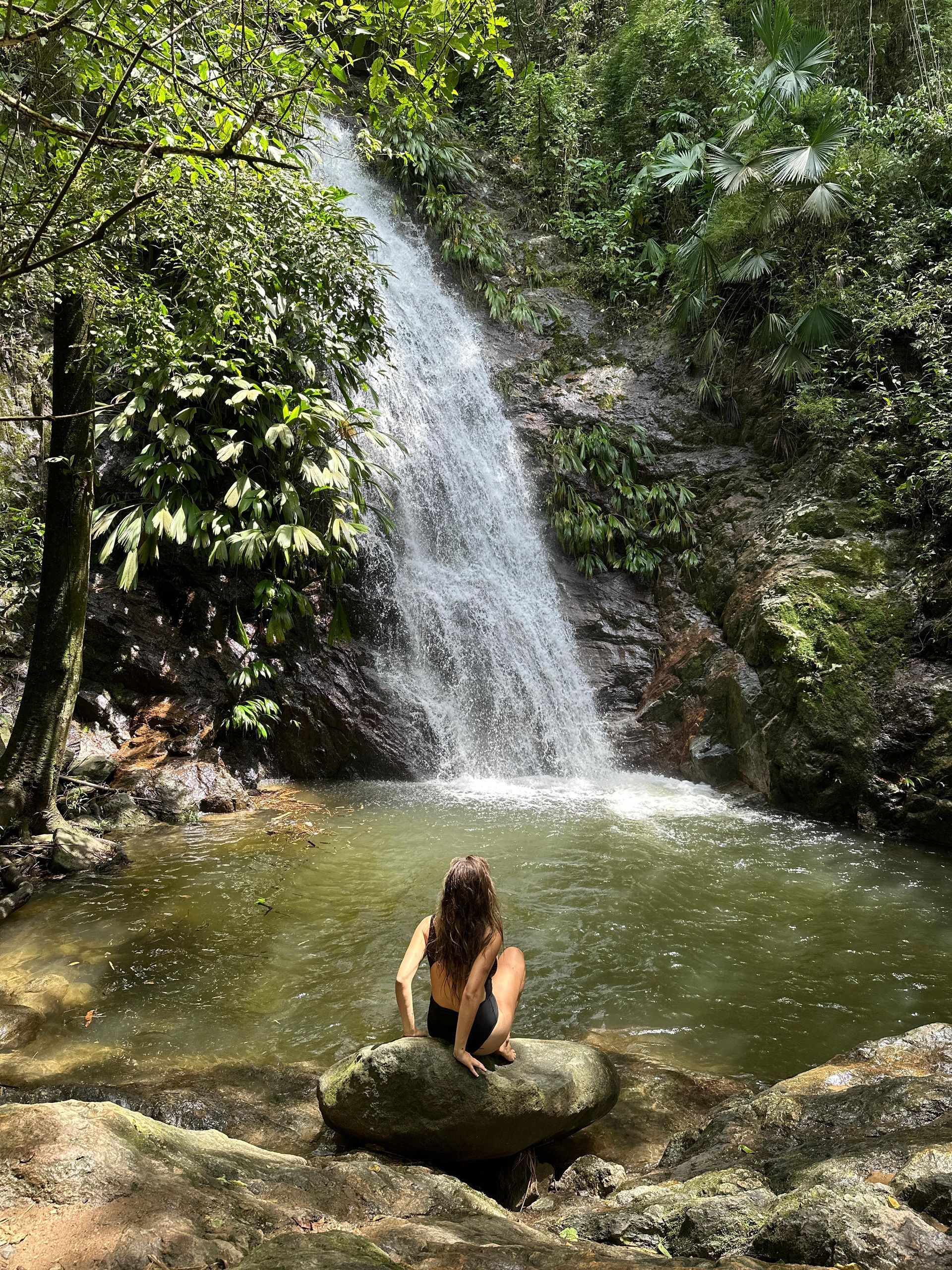 A woman is sitting on a rock in front of a waterfall.