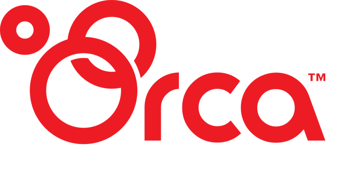 A red orca logo on a white background