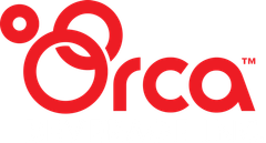 A red orca logo on a white background