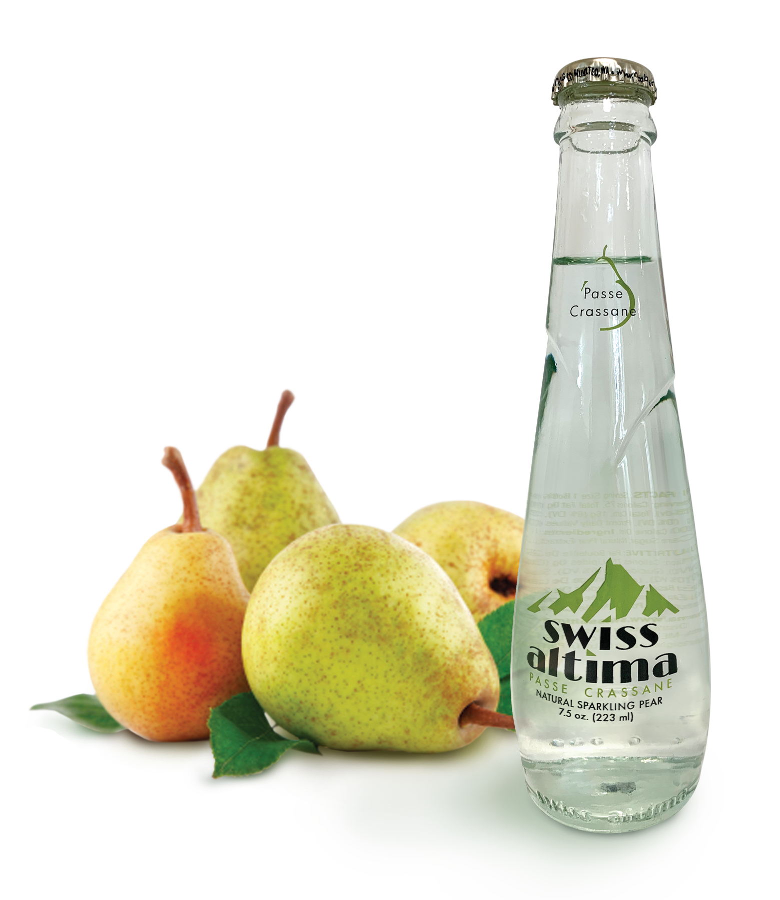 A bottle of swiss ultima next to some pears
